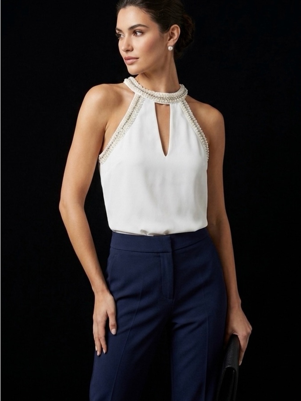 Marciano Womans White Halter top with Pearl & Crystal Trim -XS
